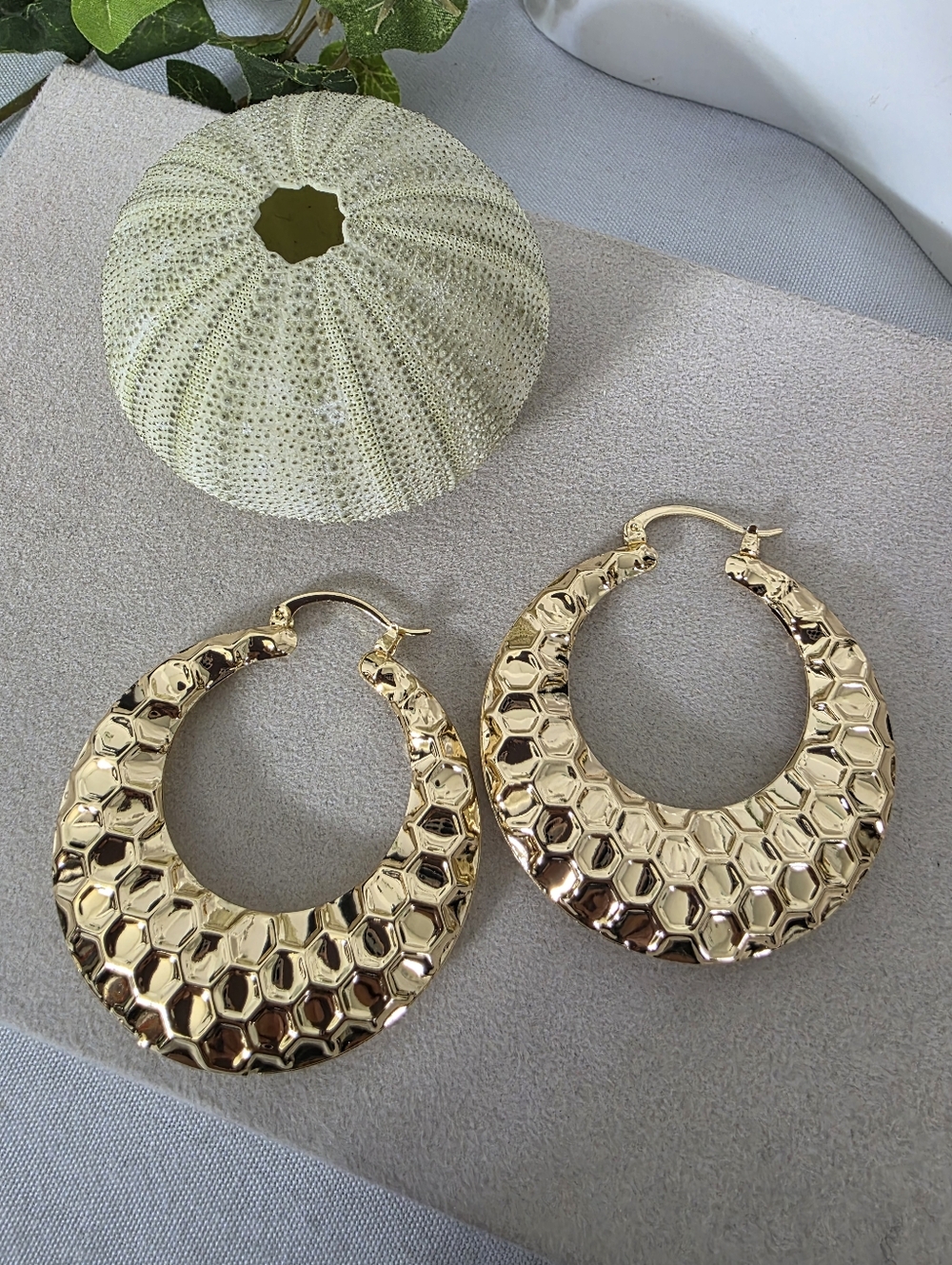 Gold Filled Statement Hoop Earrings Honeycomb Design 2"